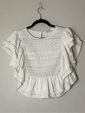 Fate White Flutter Sleeve Crochet Frnt Ruffle hem Top Cottagecore Prairie Chic S